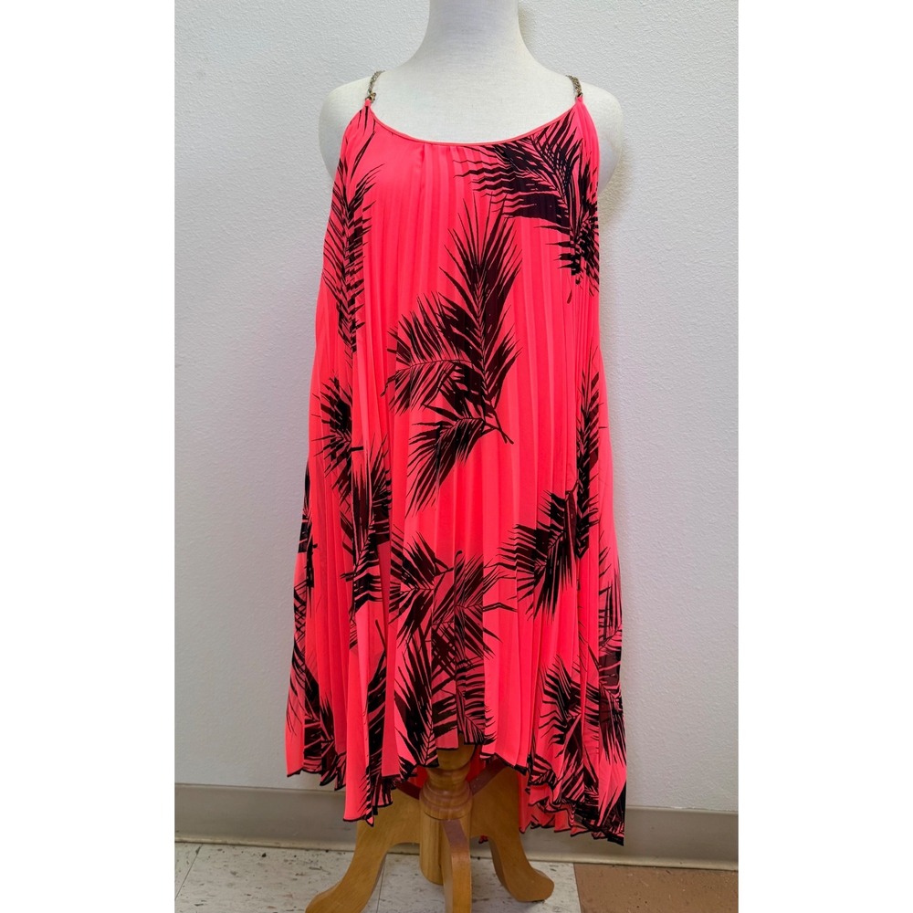 Arden B Womens Neon Pink‎ Palm Print Pleated Chain T-Back High Low Dress Size M